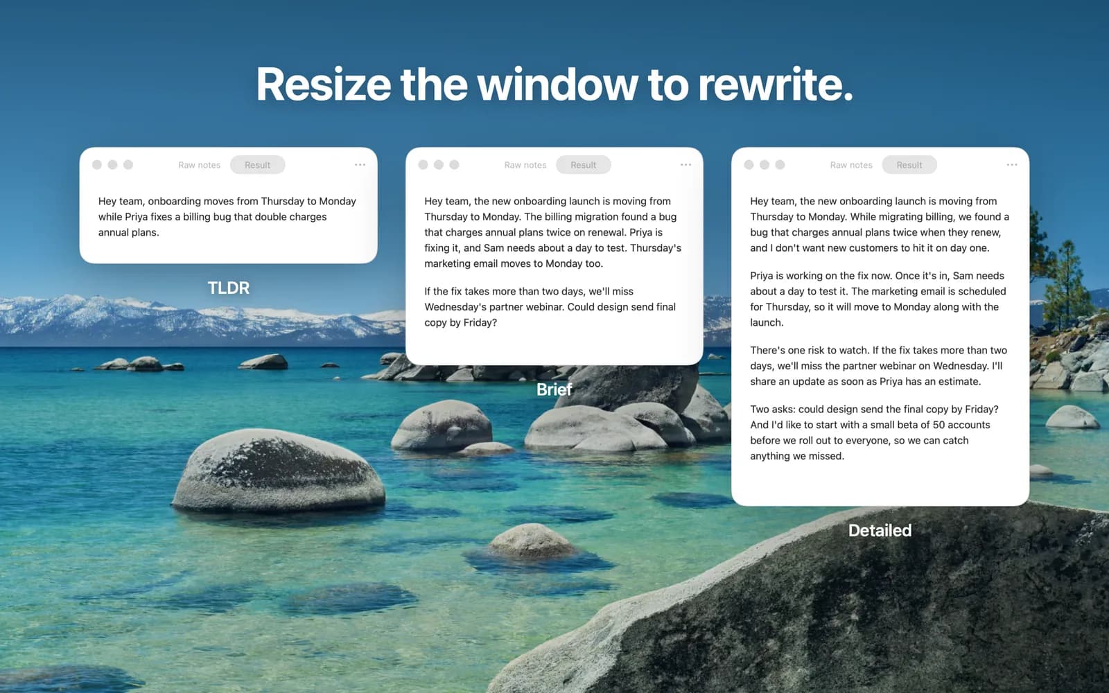 The same notes rewritten at three window heights: TLDR, Brief and Detailed.