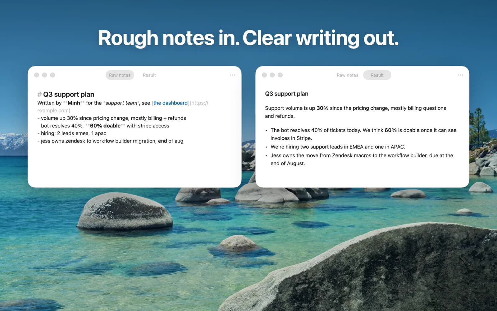Rough Markdown notes on the left and the clear written result on the right.