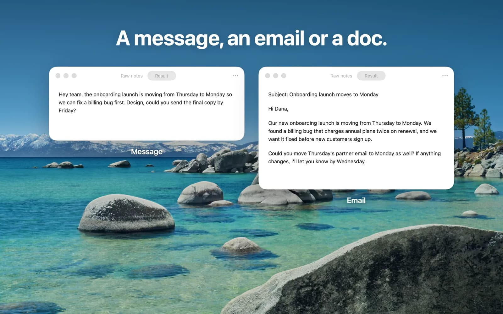 The same notes written as a chat message and as an email with a subject line.