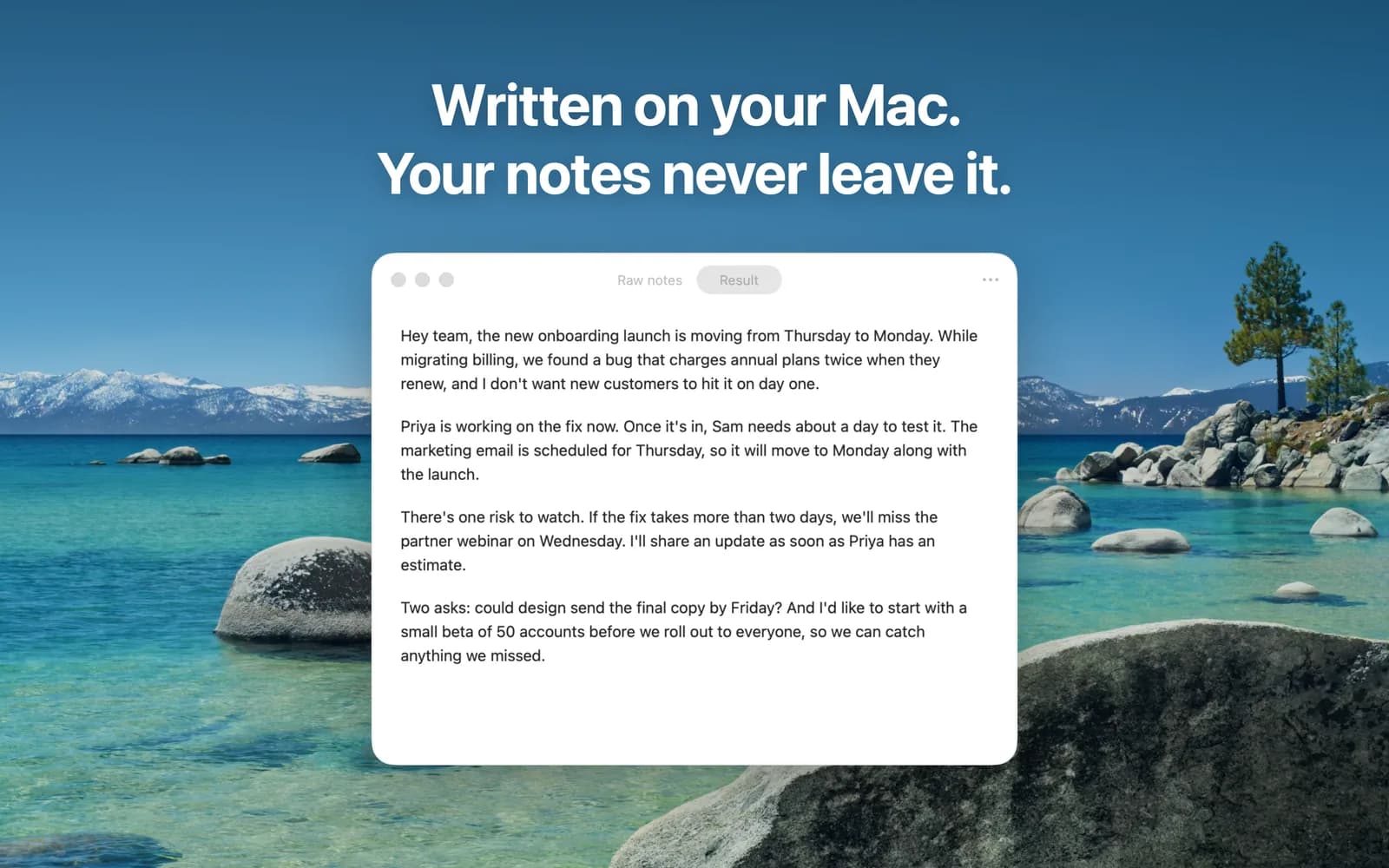 A finished rewrite, captioned “Written on your Mac. Your notes never leave it.”