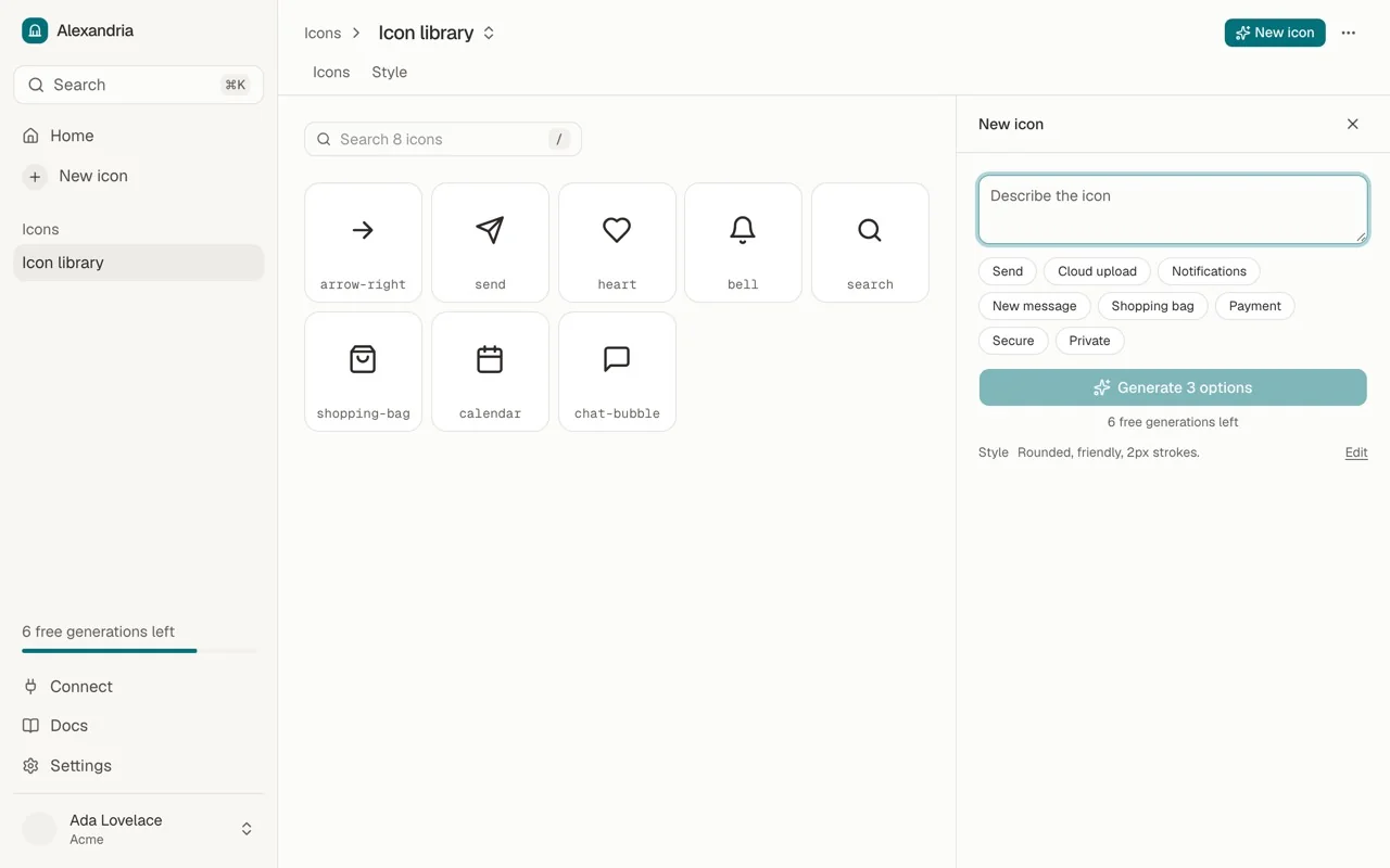 An Alexandria icon library of eight icons, with the New icon panel open to describe an icon and generate three options in the library's style.