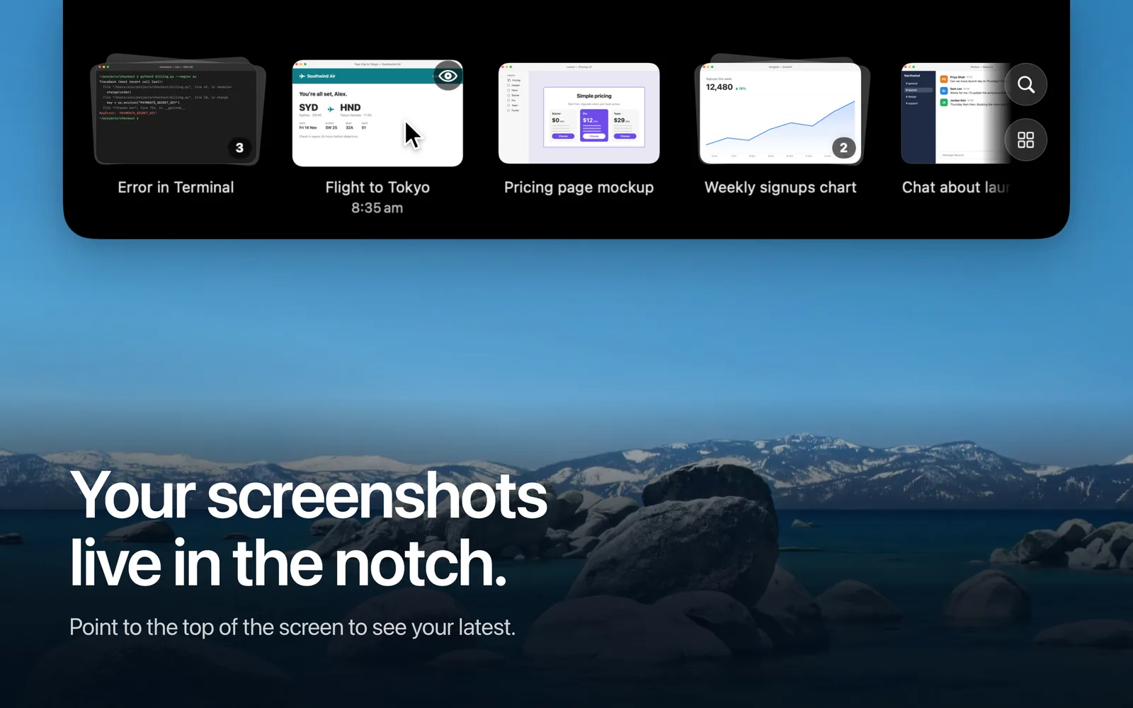 The Screenbucket shelf open below the notch, showing captioned screenshots such as “Error in Terminal” and “Flight to Tokyo”.