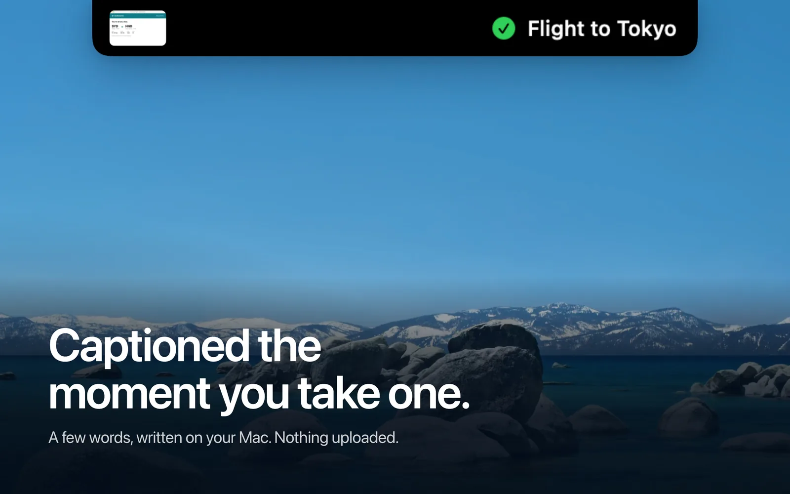 Moments after a capture, the notch shows the new screenshot's thumbnail and its caption, “Flight to Tokyo”.
