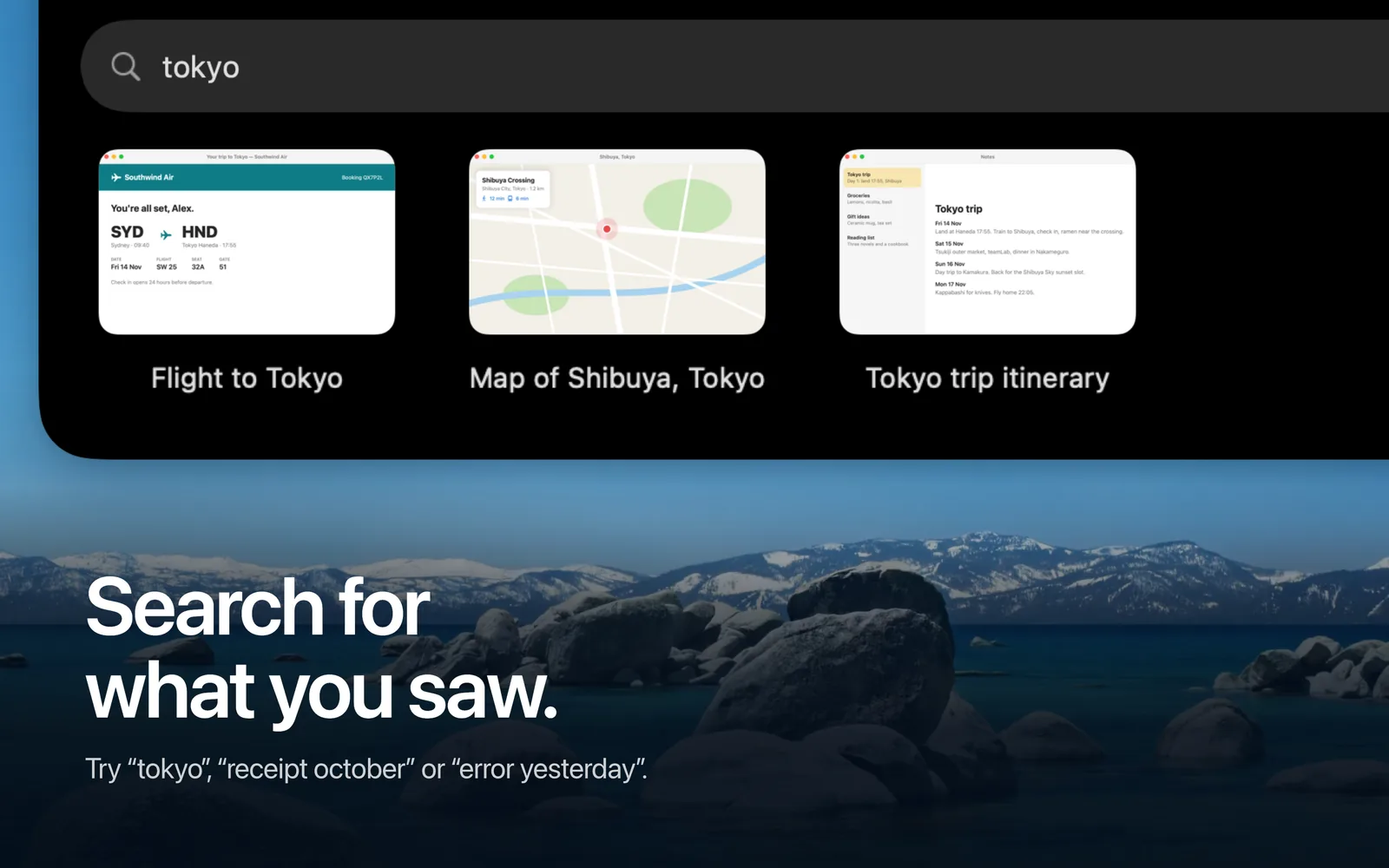 Searching the shelf for “tokyo” finds a flight, a map of Shibuya and a trip itinerary.