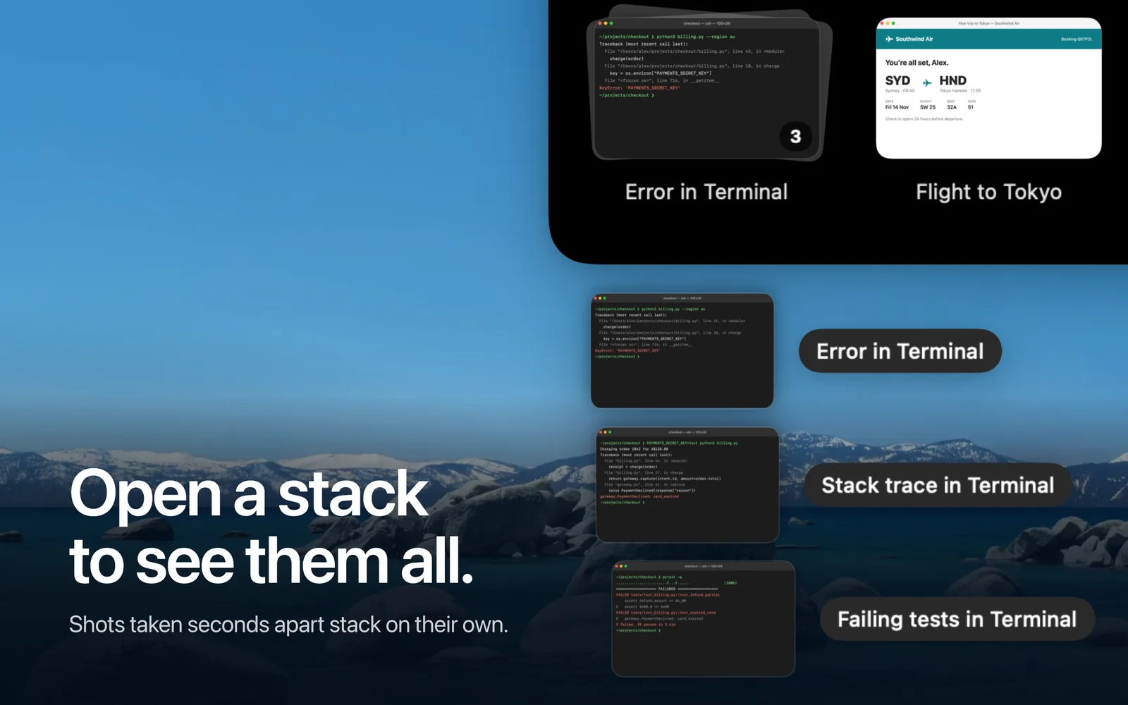 A stack of three Terminal screenshots fanned open, each with its own caption.