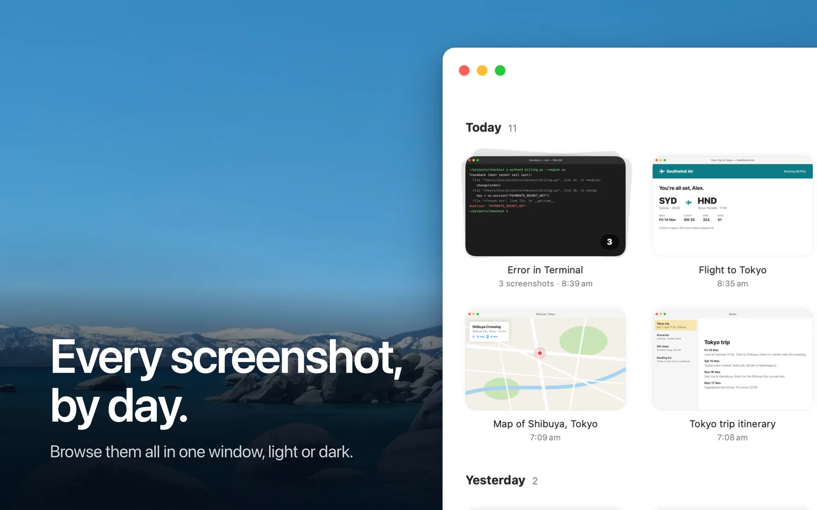 The library window listing every screenshot by day, with captions and times.