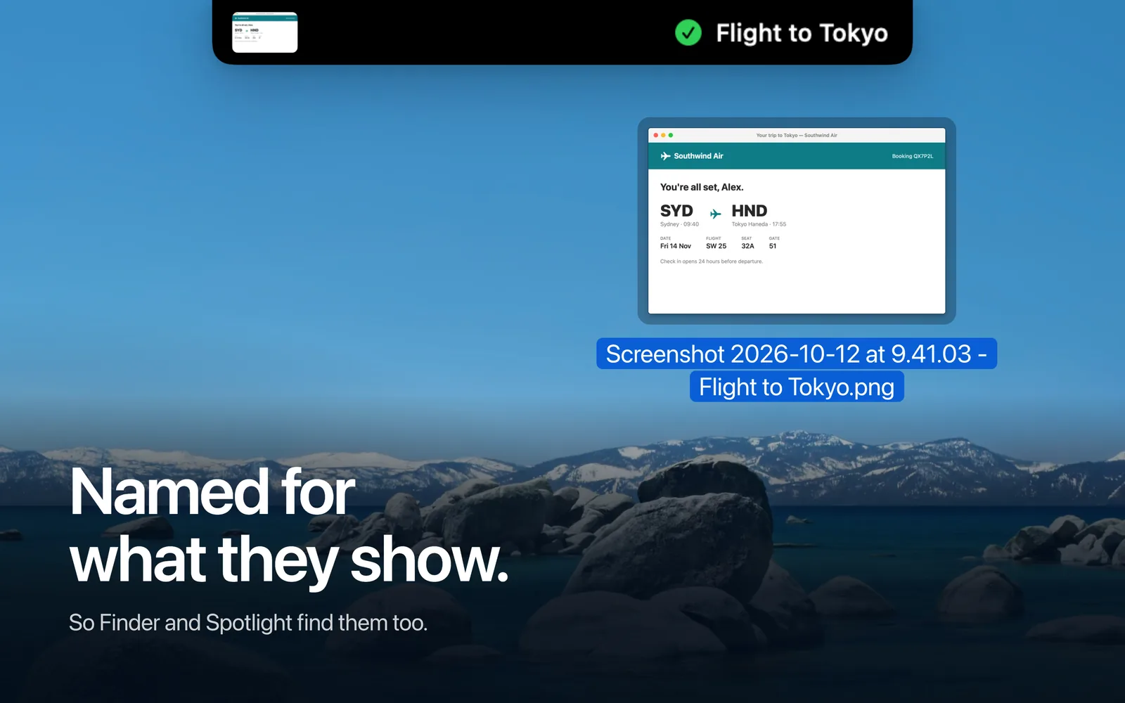 A saved screenshot renamed to include its caption: “Screenshot 2026-10-12 at 9.41.03 - Flight to Tokyo.png”.