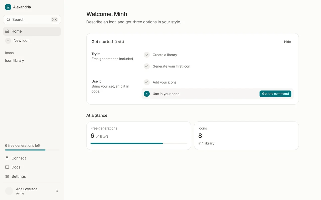 The Alexandria home page: a getting-started checklist and the number of free generations and icons in the library.